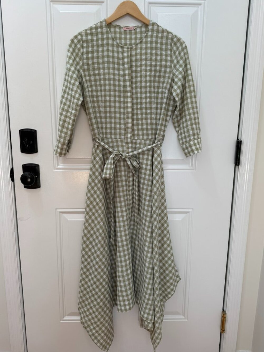 Udel New York Sage Green Gingham Handkerchief Hem Midi Dress Small